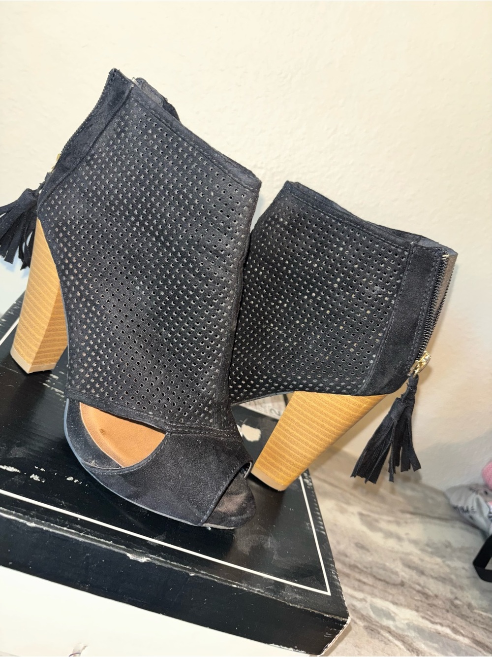 Qupid Black Perforated Peep-Toe Tassel Block Heel Booties